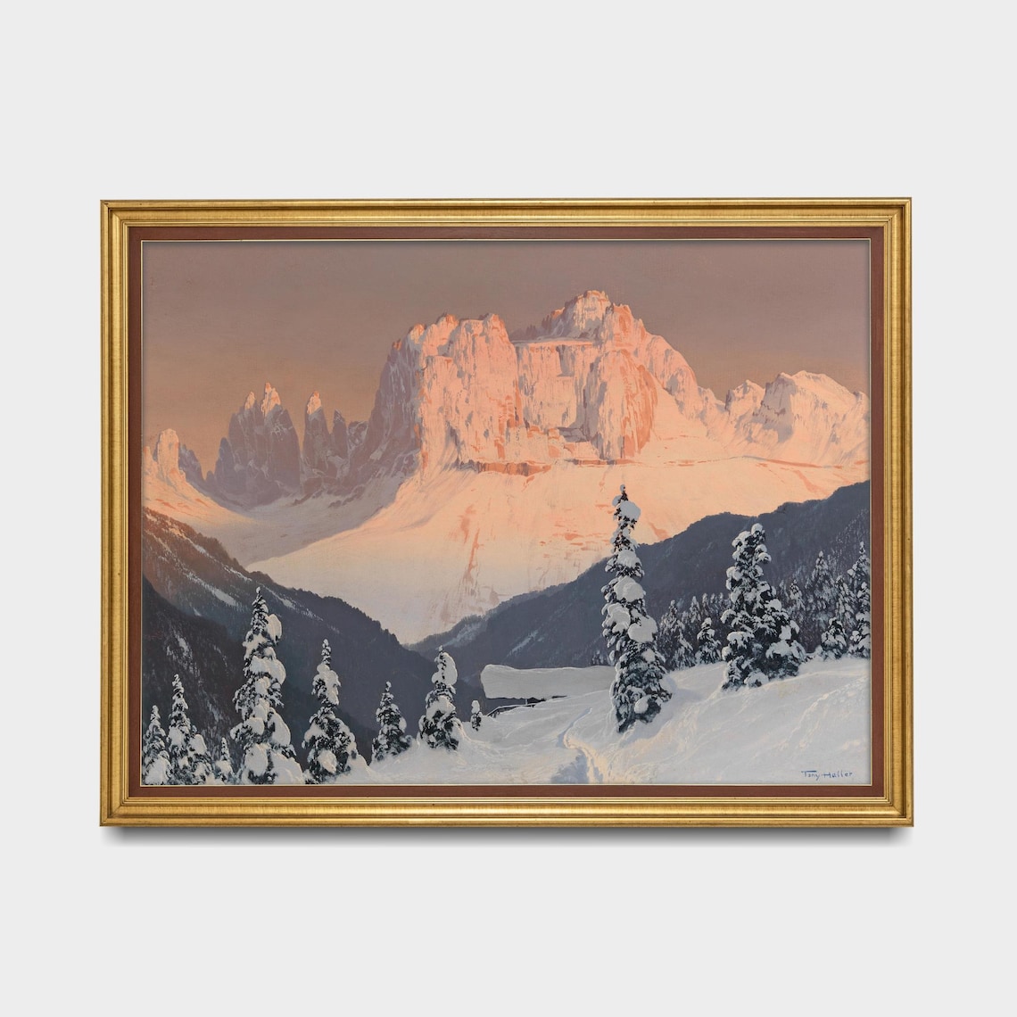 Pink Sunset Over Snowy Alpine Mountain Peaks Vintage Art Poster - Image 5