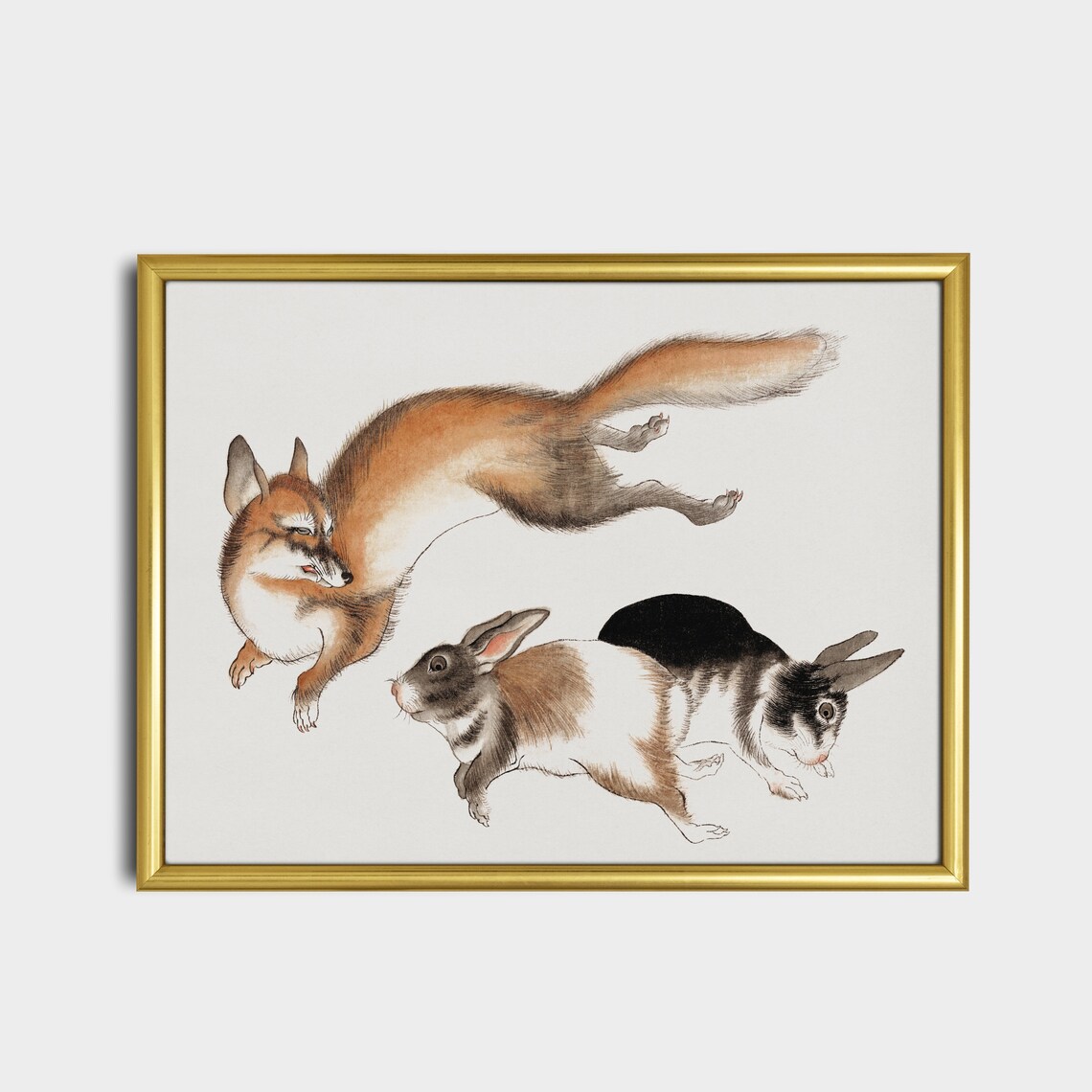 Leaping Fox Chasing Two Hares Japanese Ink Style Animal Art Poster - Image 5