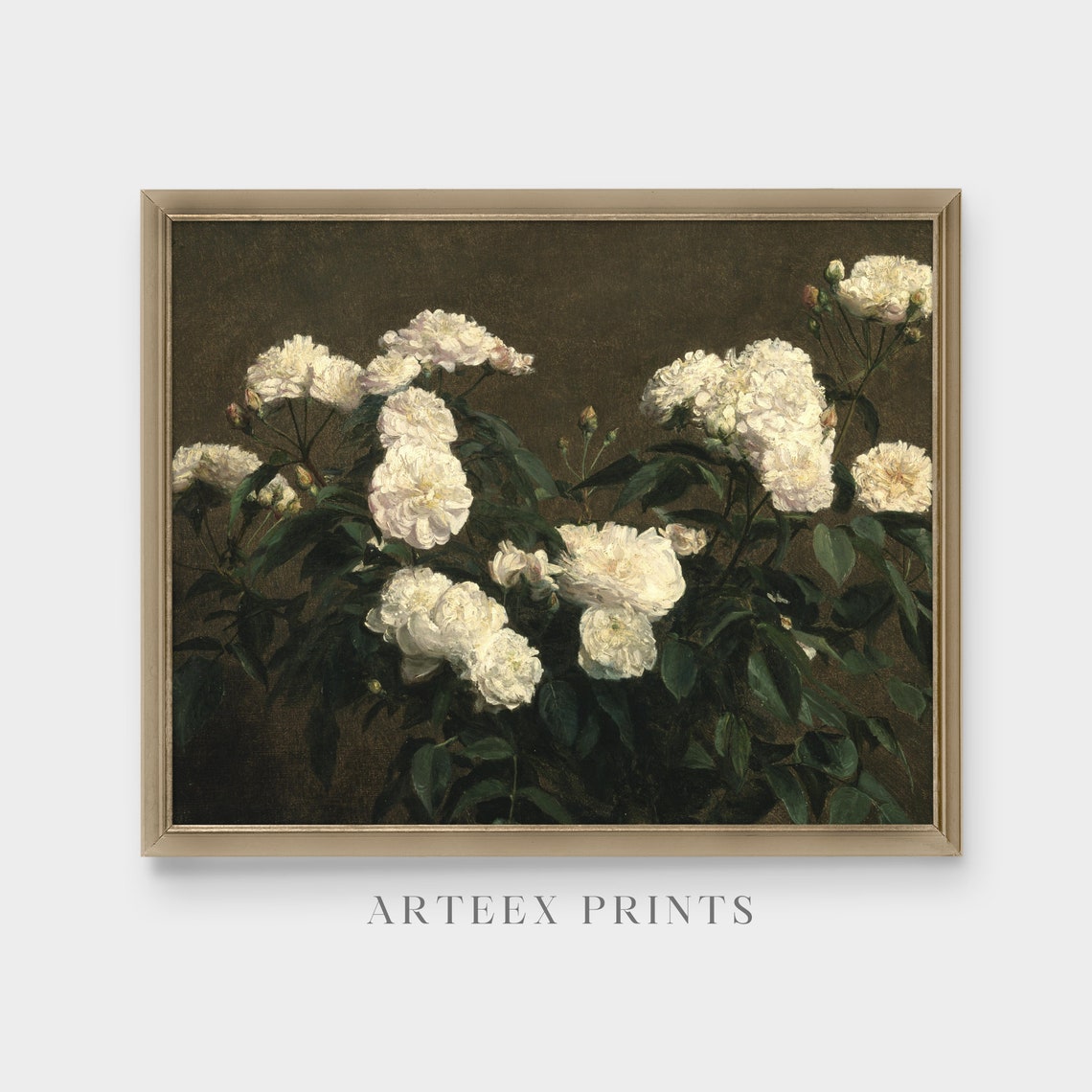White Roses Against a Dark Olive Ground Still Life Oil Poster - Image 4