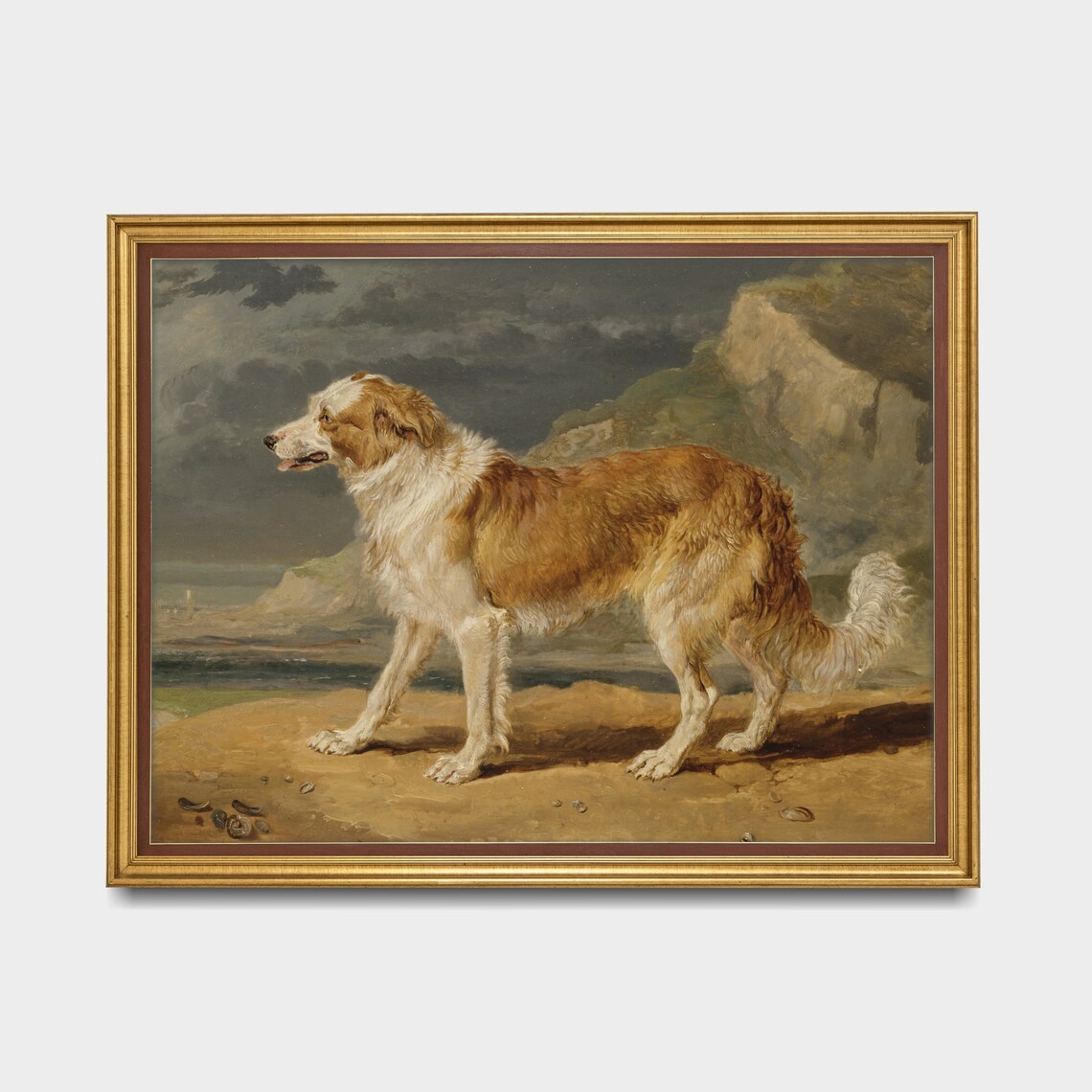 Shaggy Tan and White Dog Standing on a Coastal Beach Scene Poster - Image 3