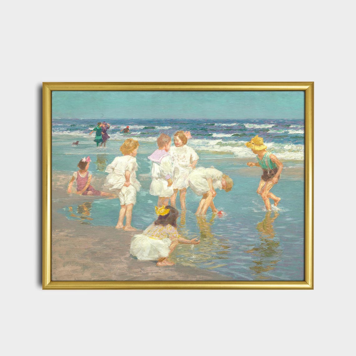 Sunny Impressionist Children Playing At The Beach Seaside Art Poster - Image 2