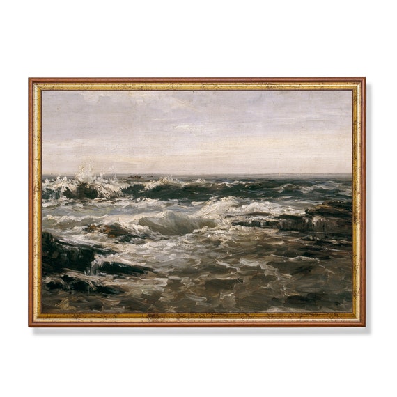 Mailed Print Vintage Seascape Painting Antique Ocean Beach Print Coastal Decor Moody Rustic Fine Art Printed And Shipped