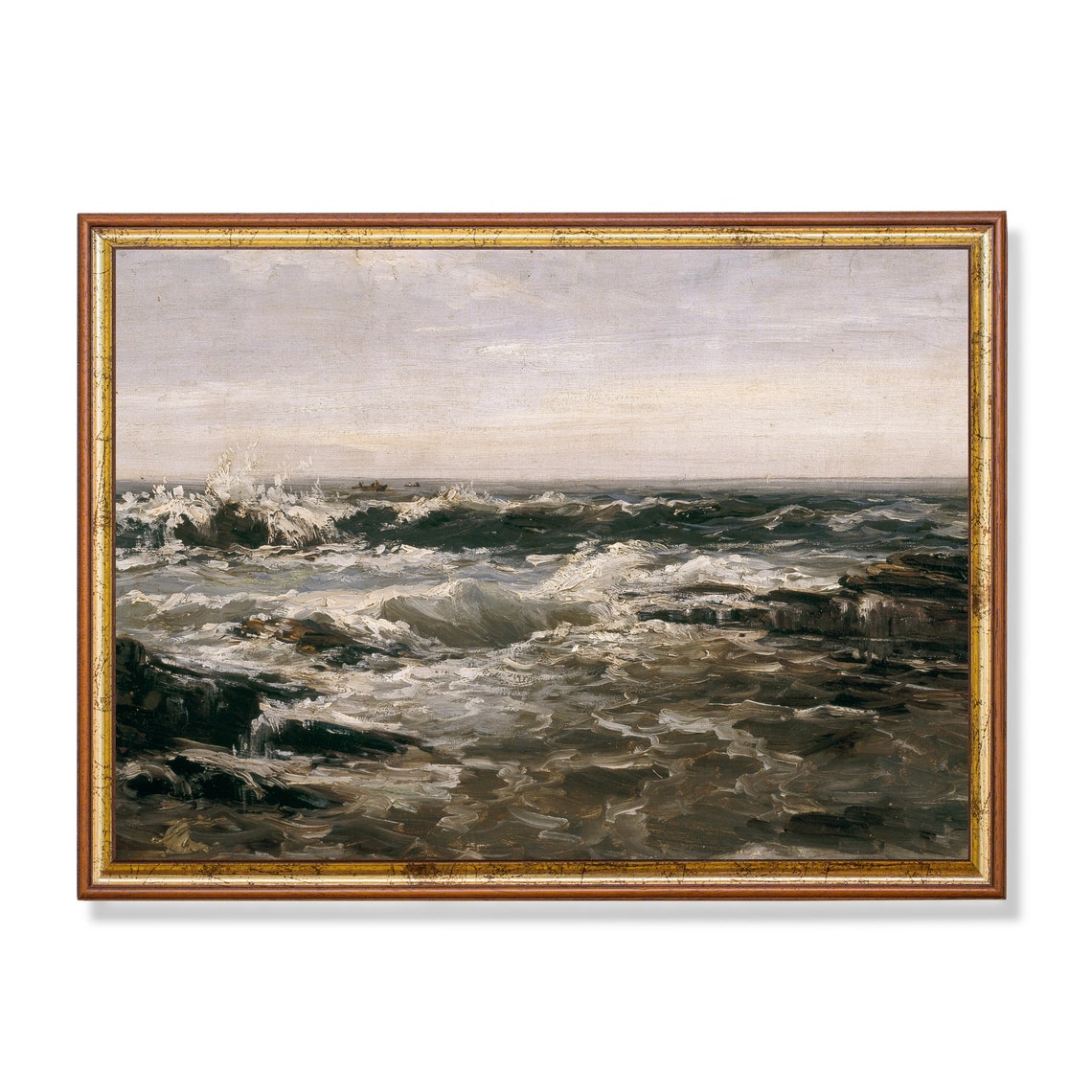 Vintage Seascape Painting Antique Ocean Beach Print Wall Art Coastal Decor Moody Rustic Fine Art