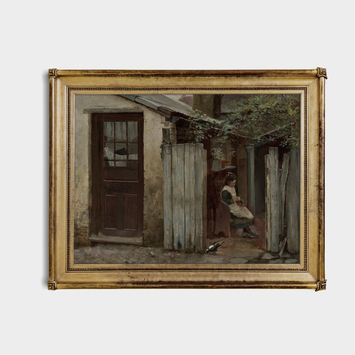 Girl with a Bird in a Courtyard Antique Genre Painting Poster - Image 3
