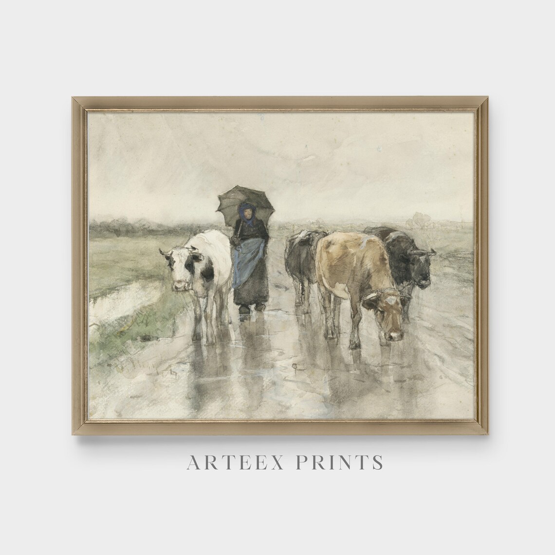 Woman with Umbrella Leading Cows in Rain Vintage Dutch Scene Poster - Image 4