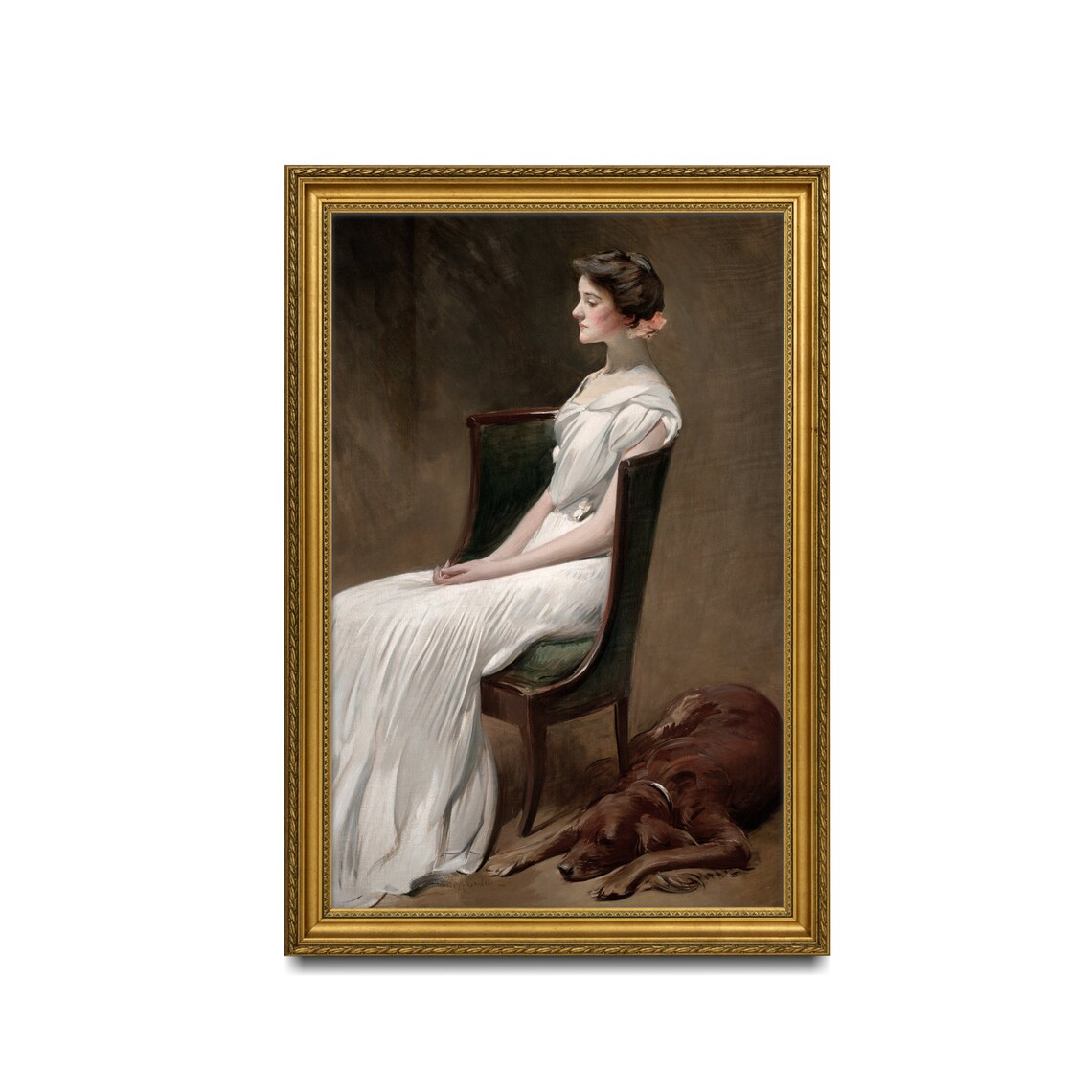 Elegant Woman in White Gown with Dog Antique Classic Portrait Print - Image 3