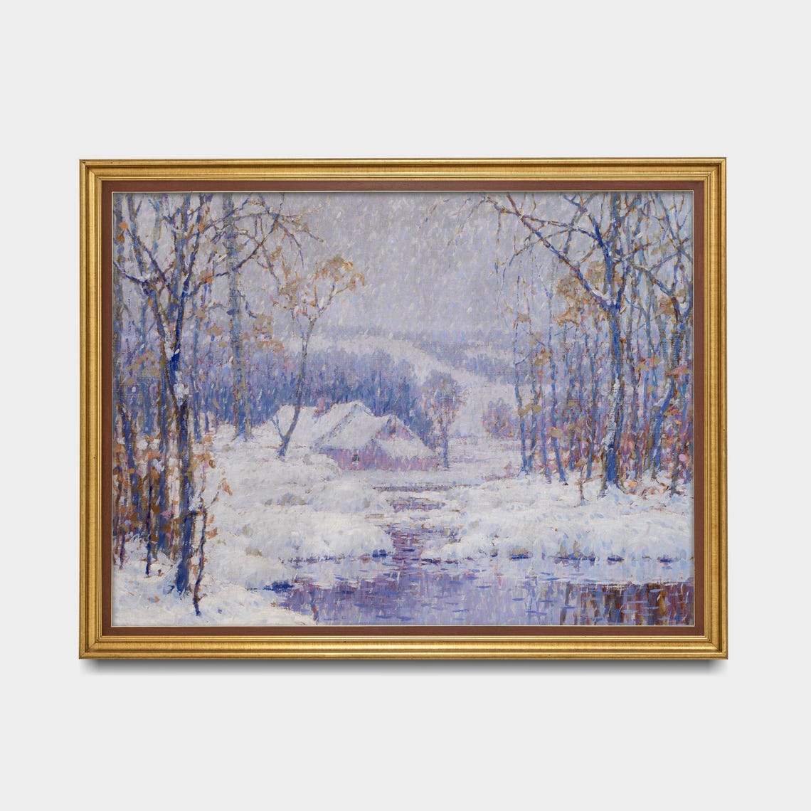 Snowy Cabin Stream Impressionist Winter Landscape Art Poster - Image 5
