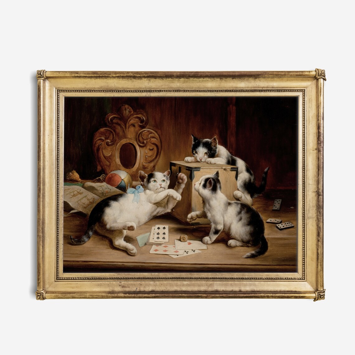 Playful Kittens Playing Cards Vintage Cat Painting Classic Wall Art - Image 2