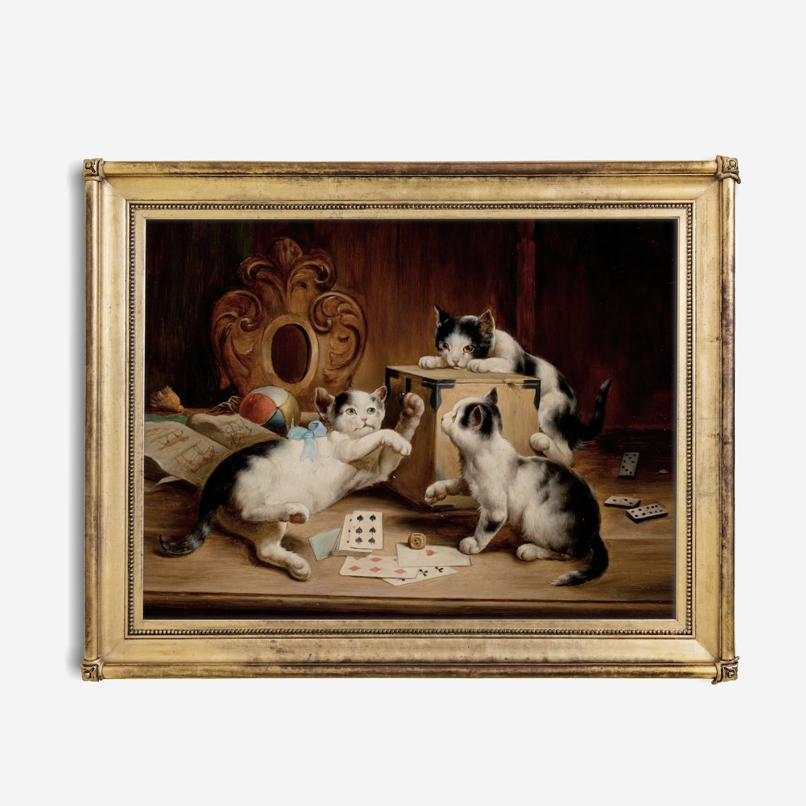 Three Kittens Playing Cards Dominoes Dice Vintage Whimsical Cat Art Poster - Image 4