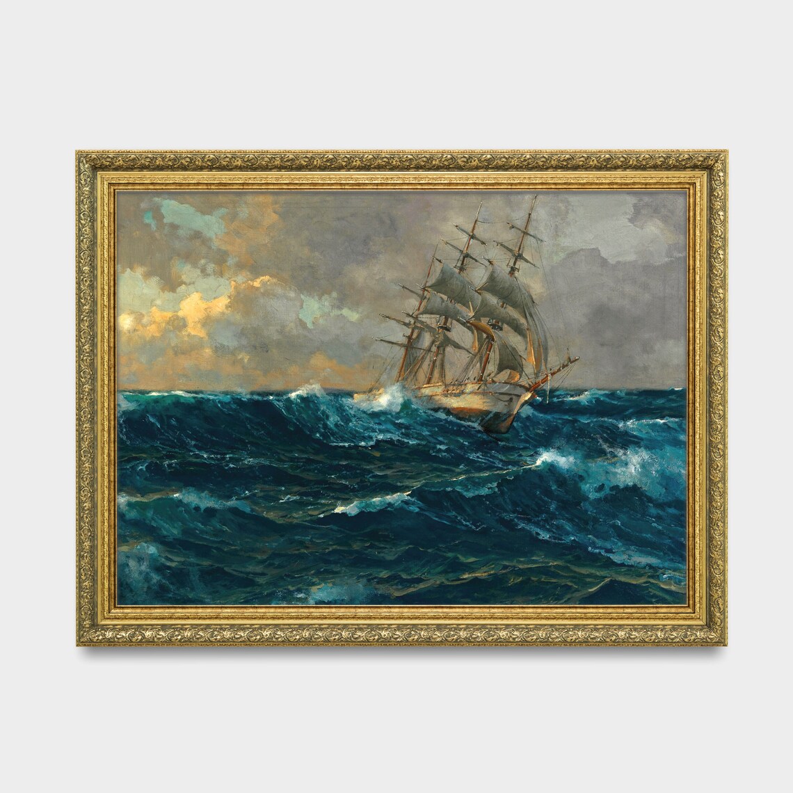 Sailing Ship Battling Stormy Waves Dramatic Ocean Painting Poster - Image 3