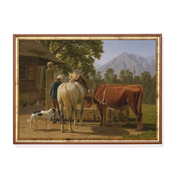 Farm Animals Painting Horse Dog Cow Print Moody Rustic Vintage Home Decor Wall Art Animal Lover Gift