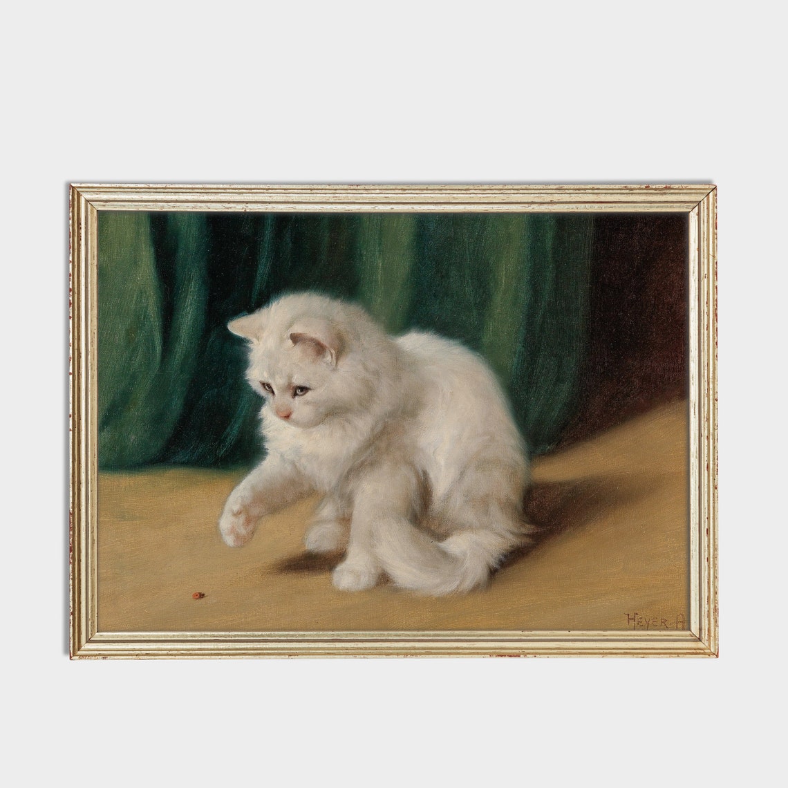 White Fluffy Kitten Playing With a Ladybug Vintage Cat Poster - Image 2