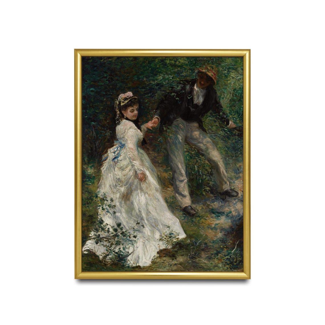 Young Couple Strolling Through a Garden Antique Oil Art Poster - Image 2