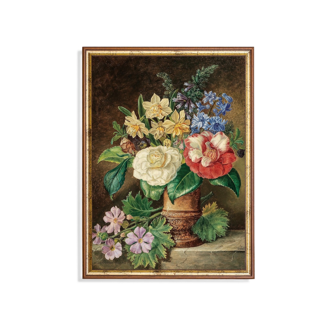 Camellias Daffodils and Bluebells in a Vase Still Life Poster
