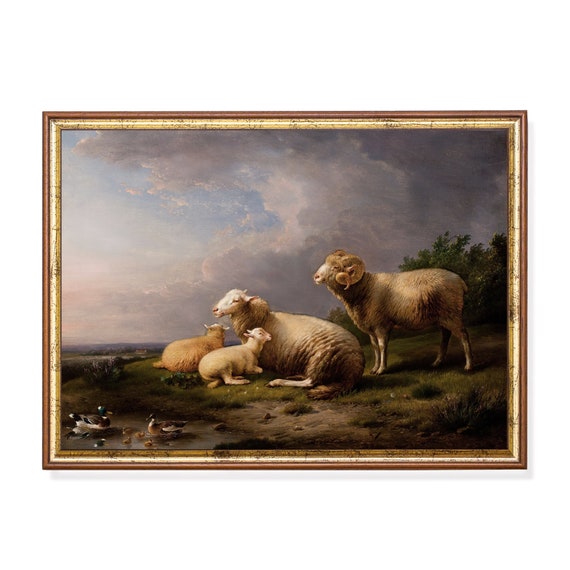 Printed And Shipped Landscape With Sheep Vintage Sheep Painting Antique Art Print Moody Rustic Artwork Farmhouse Decor
