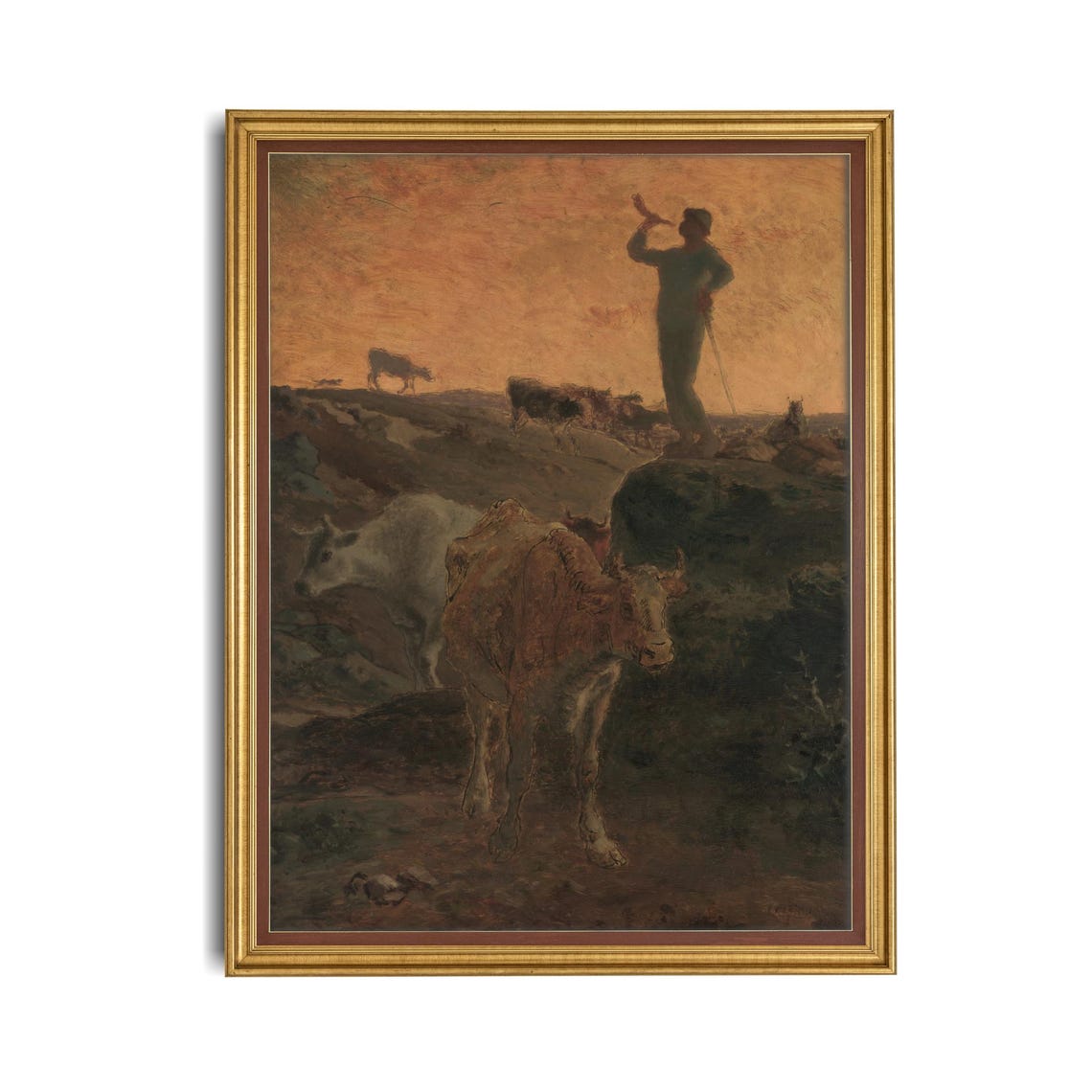Herdsman Sounding His Horn Calling the Cows Home at Sunset Poster - Image 4