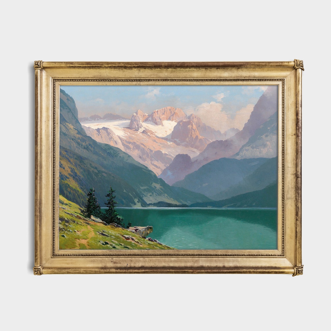 Turquoise Alpine Lake Beneath Glowing Snow Capped Peaks Vintage Poster - Image 2