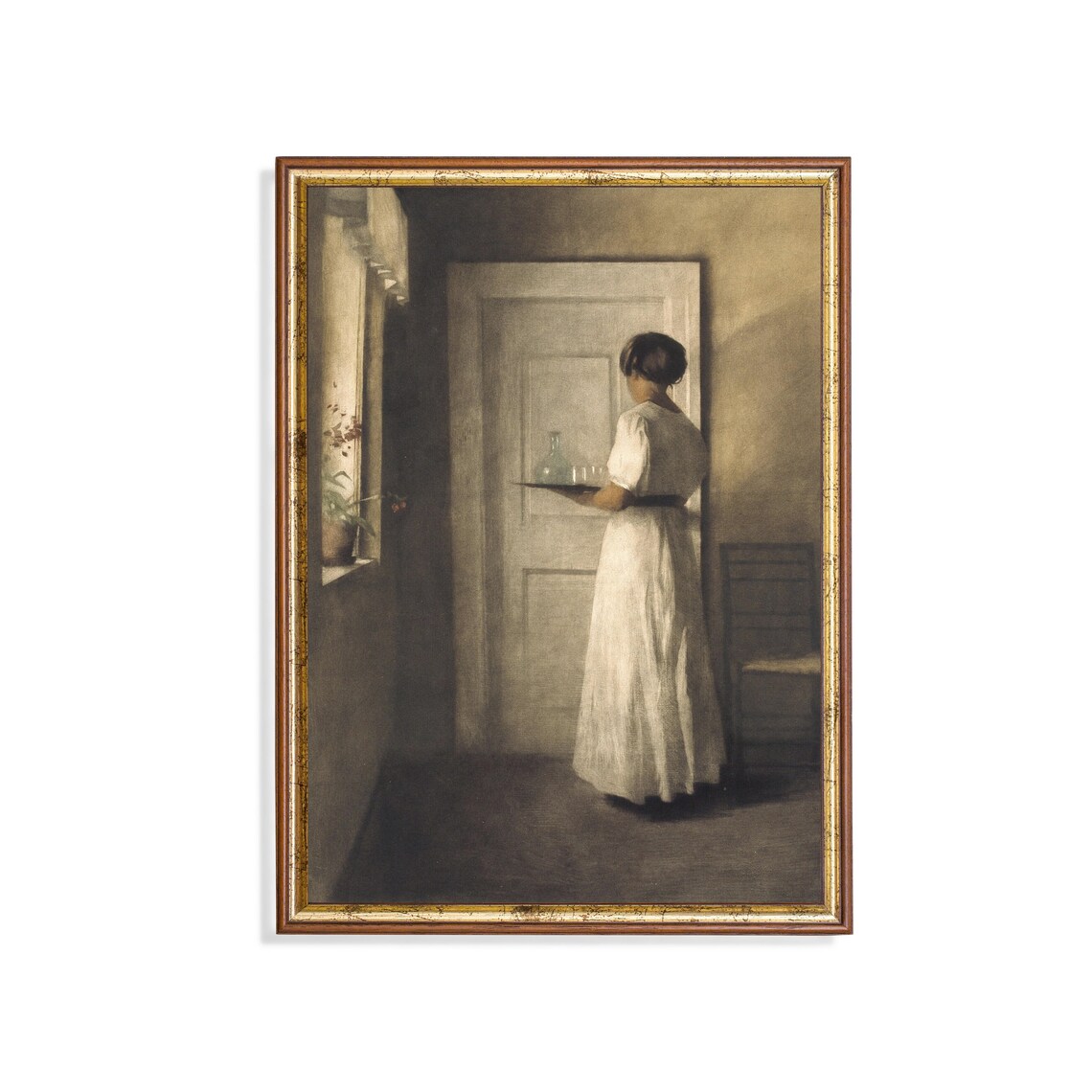 Woman With Tray By Door Danish Interior Muted Antique Painting Poster