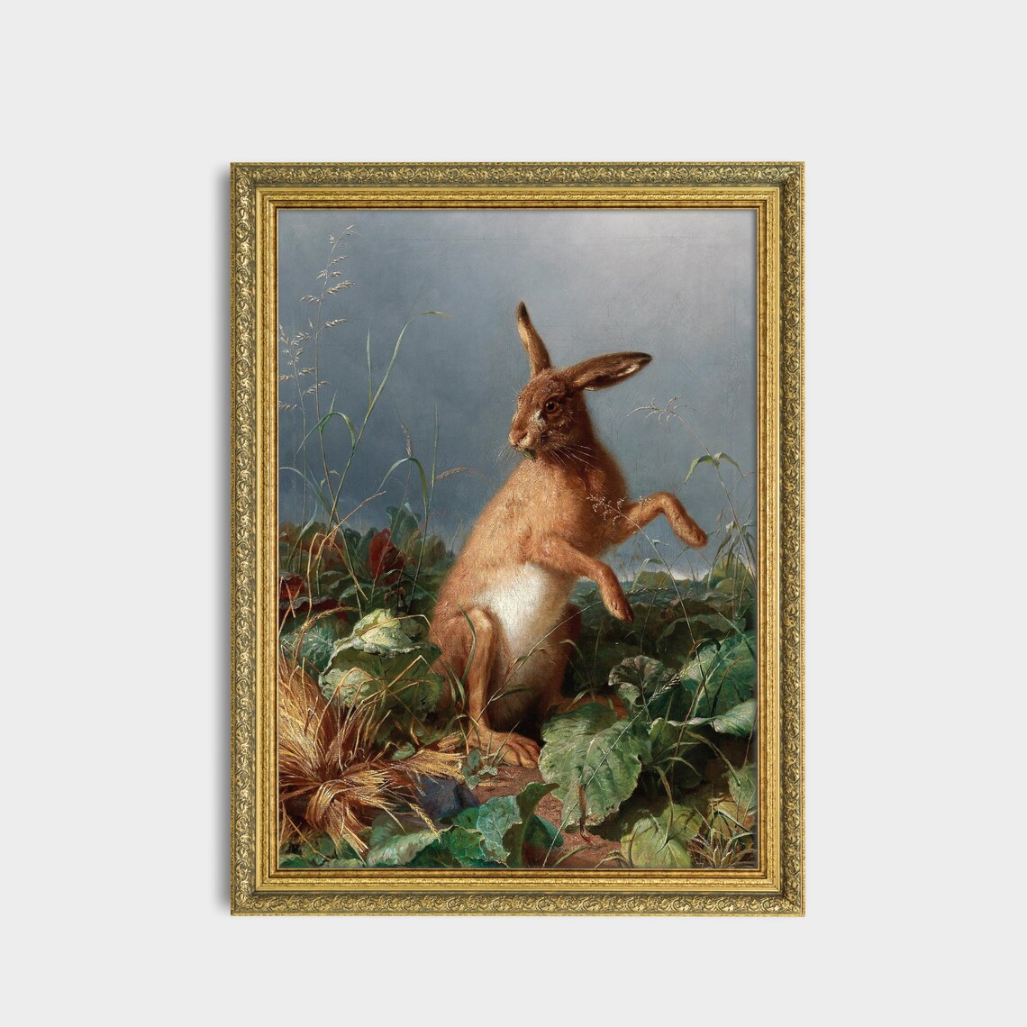 Brown Hare Standing Alert Among Grasses Vintage Wildlife Art Poster - Image 3