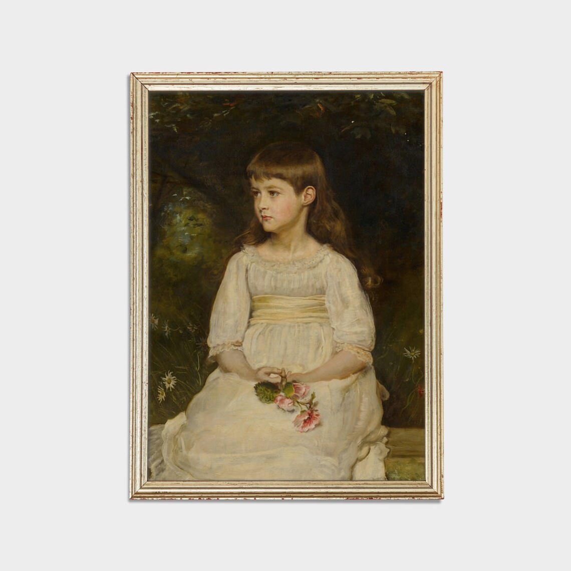 Vintage Oil Portrait of a Young Girl in a White Dress Garden Poster - Image 2