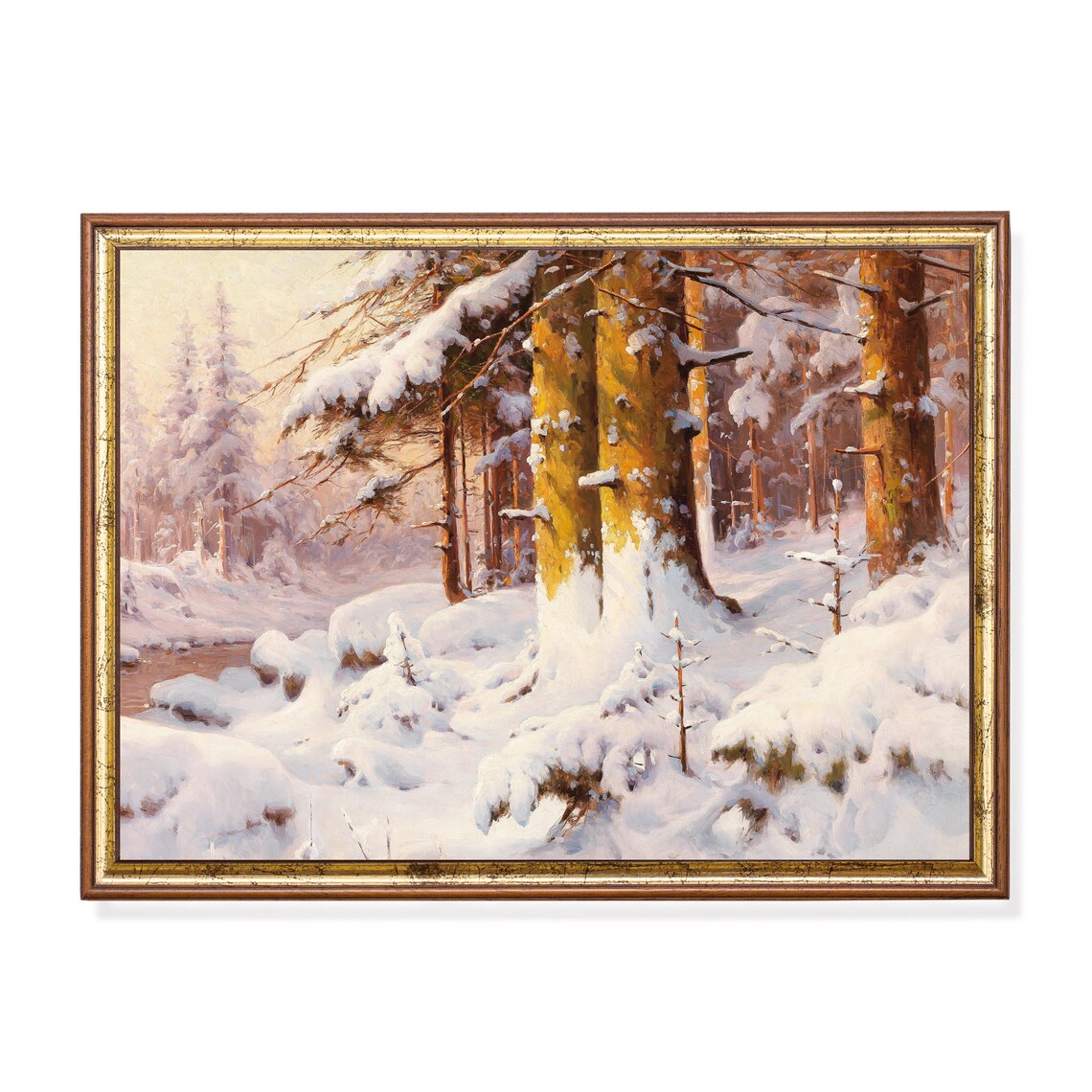 Warm Snowy Pine Forest with Stream Golden Winter Light Poster