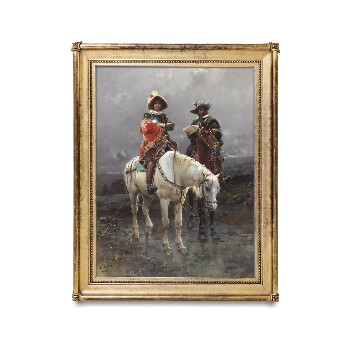 Cavalier on a White Horse Consulting a Map in Stormy Vintage Poster - Image 2