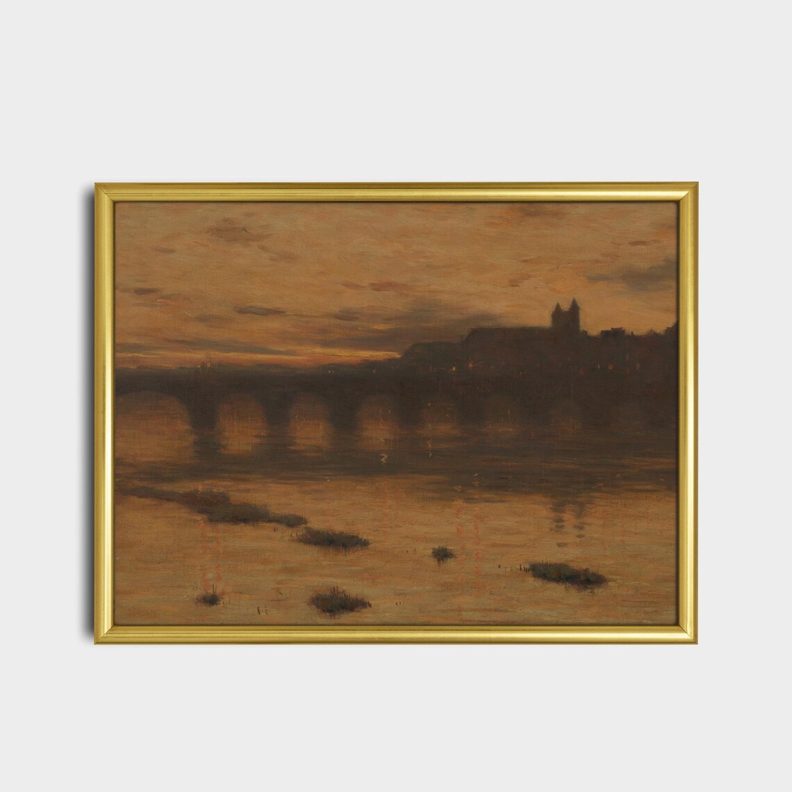 Golden Nocturne Cityscape with a Bridge over a River Art Poster - Image 2