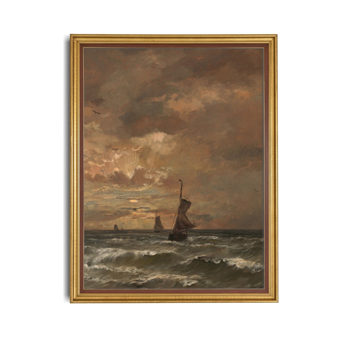 Sailboats on Rolling Waves Under a Fiery Sunset Sky Moody Poster - Image 2
