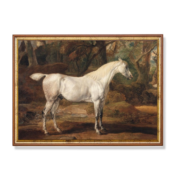 Vintage Horse Painting Antique Equestrian Print White Horse Farmhouse Decor Animal Print Oil Painting Moody Rustic Fine Art