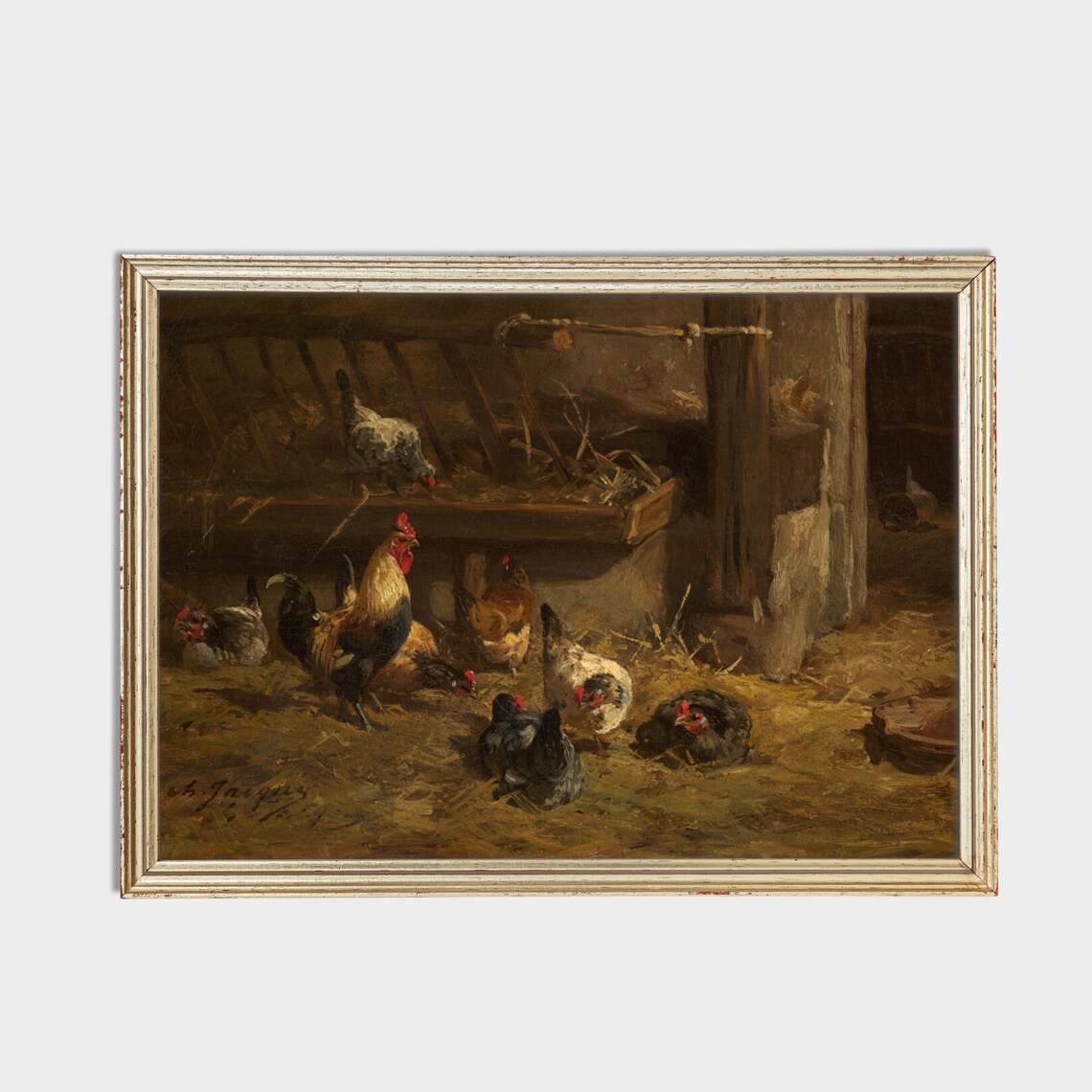 Rooster and Hens in Barnyard Vintage Farm Animal Painting Poster - Image 2