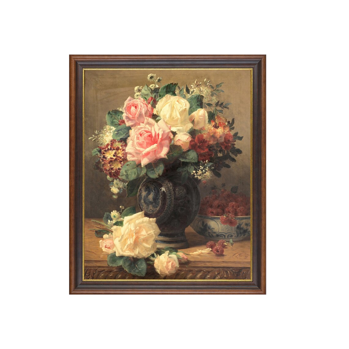 Roses and Raspberries Still Life Vintage Floral Oil Painting Poster