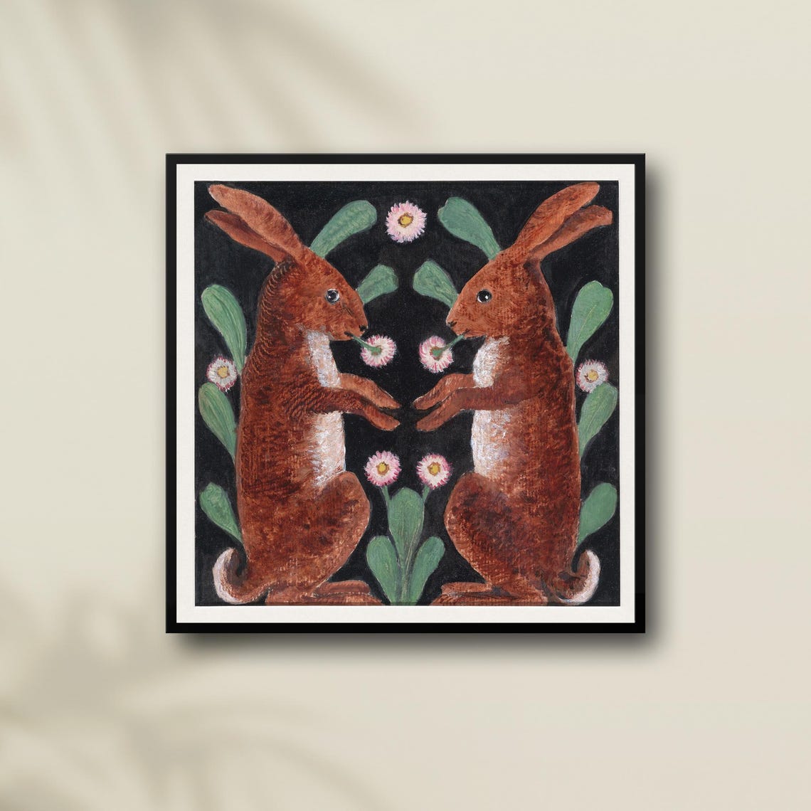 Two Hares Mirrored Folk Art Painting Whimsical Animal Poster - Image 4