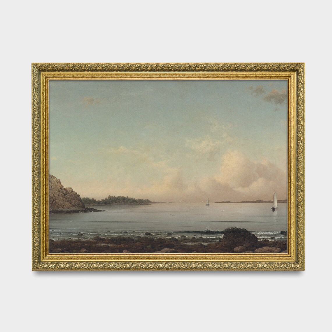 Calm Rocky Coast Seascape With Distant Sailboats Vintage Poster - Image 2
