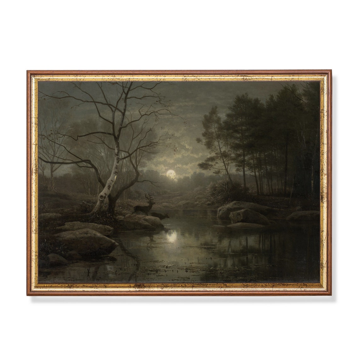 Moonlit Forest with Deer at Still Water Night Landscape Print