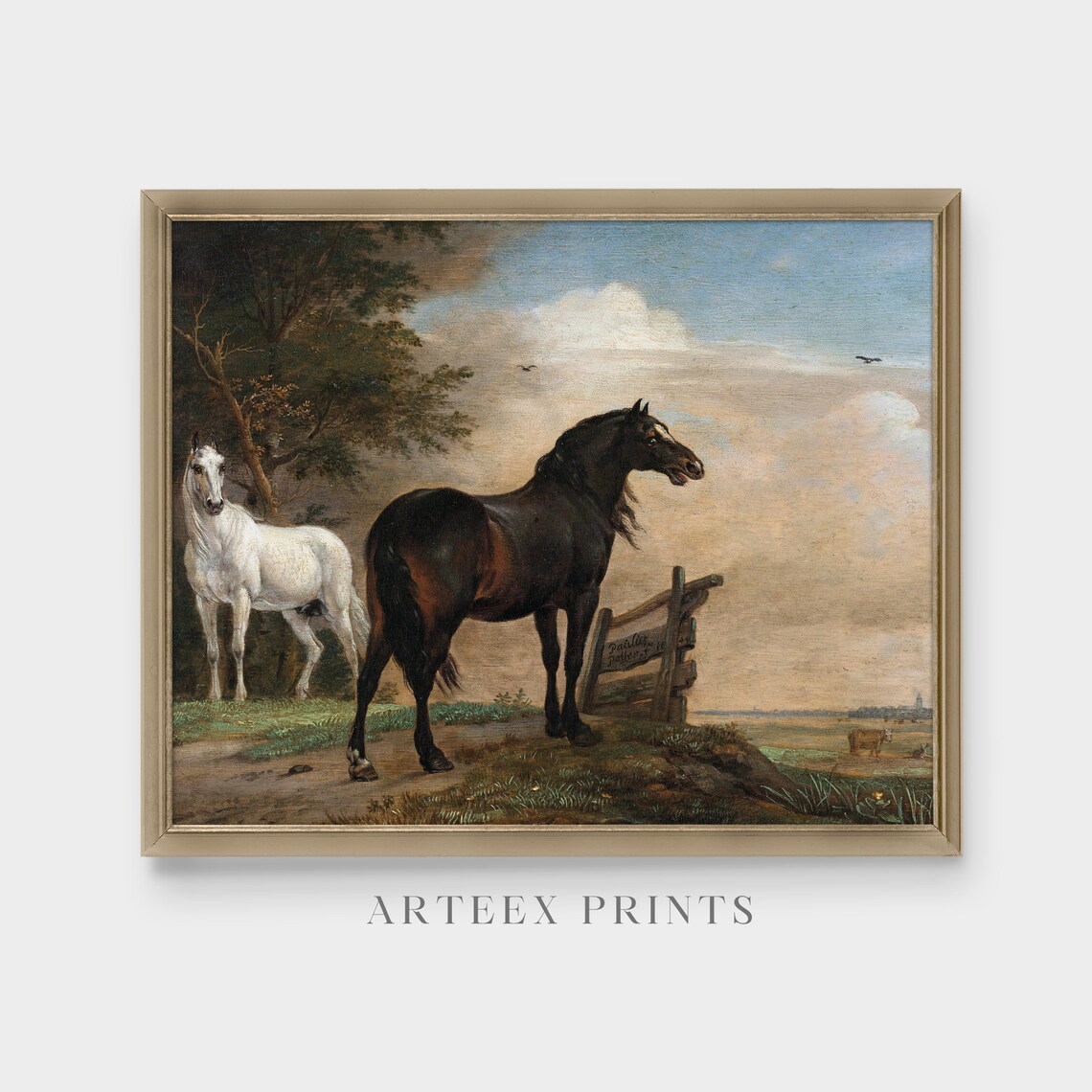 Dark Bay and White Horses Vintage Meadow Equestrian Painting Poster - Image 5