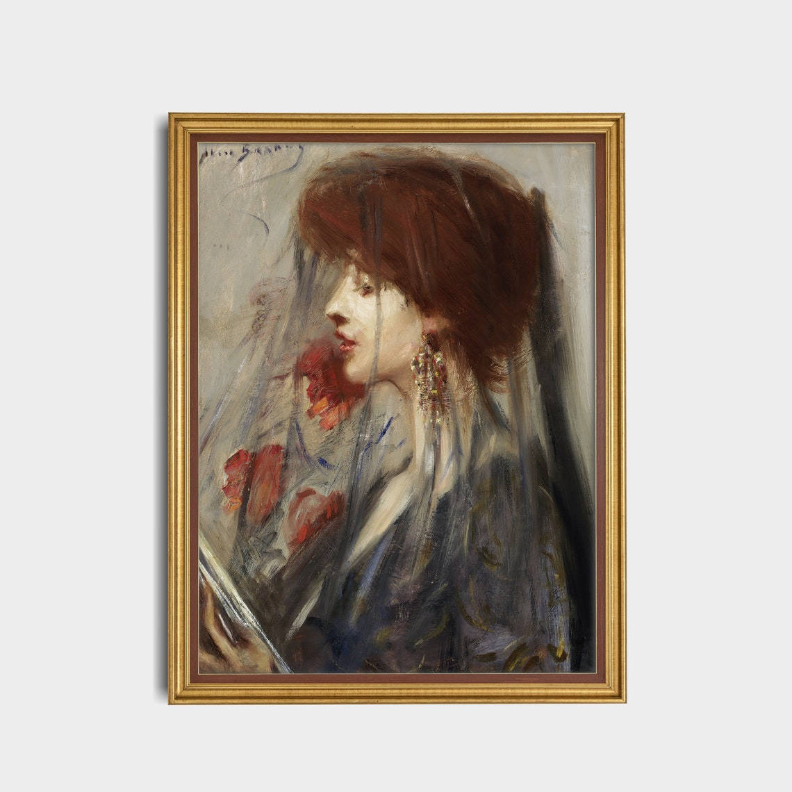 Woman in a Sheer Veil in Profile Impressionist Portrait Poster - Image 4