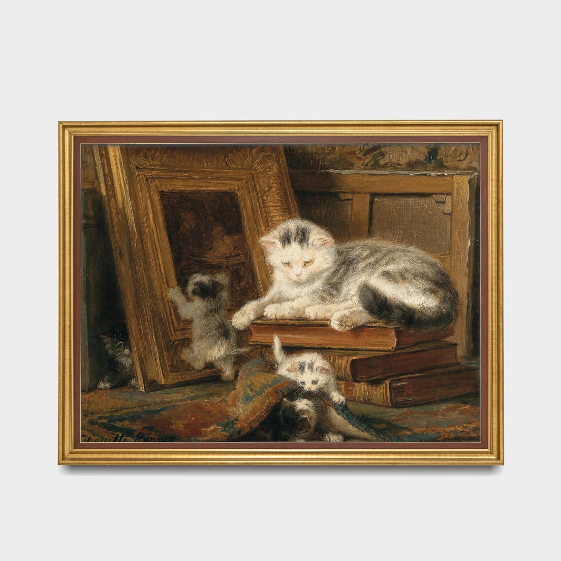 Mother Cat and Kittens Playing with Books and a Frame Poster - Image 3