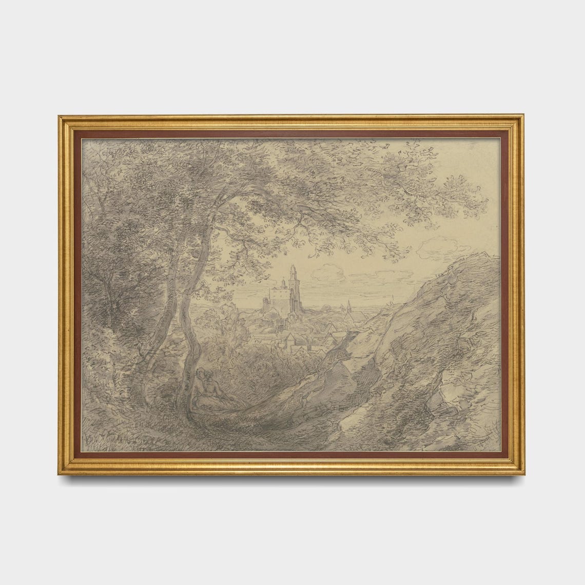 Hillside View Of An Old Town Through Trees Vintage Sketch Poster - Image 5