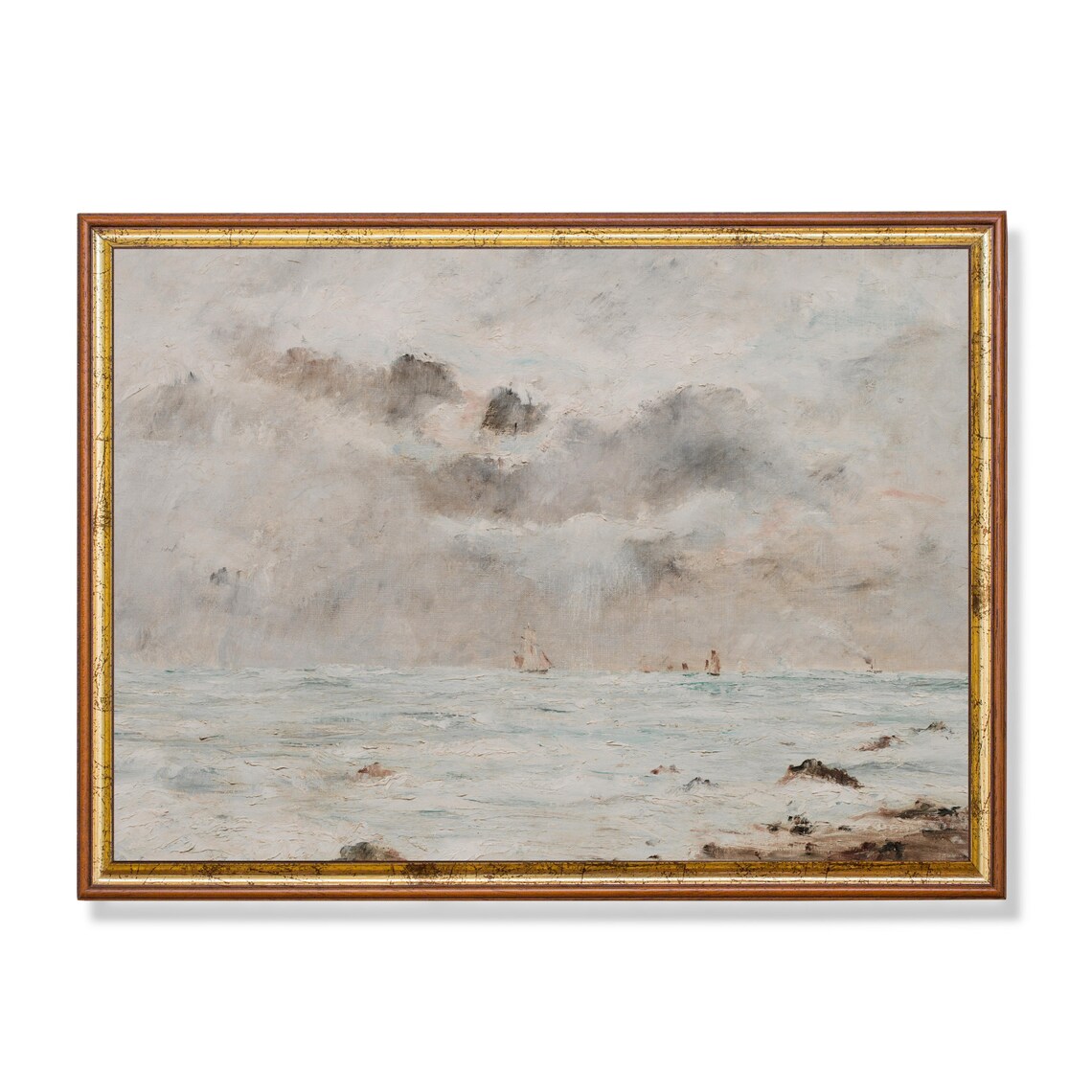Muted Vintage Seascape Painting With Sailboats Coastal Art Poster