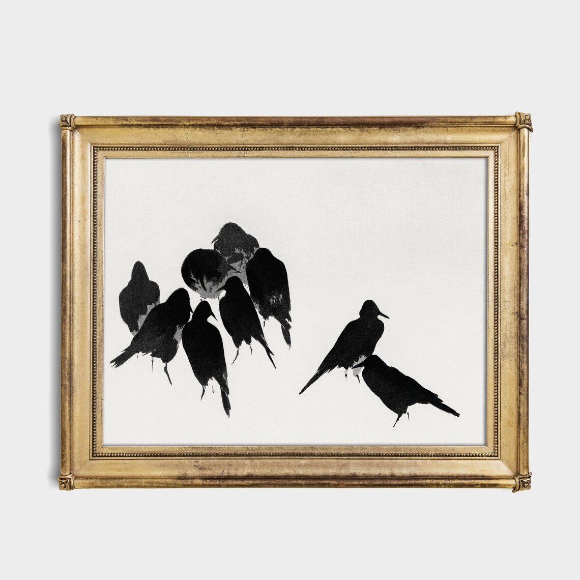 Japanese Ink Wash Painting of a Flock of Black Crows on White Poster - Image 3