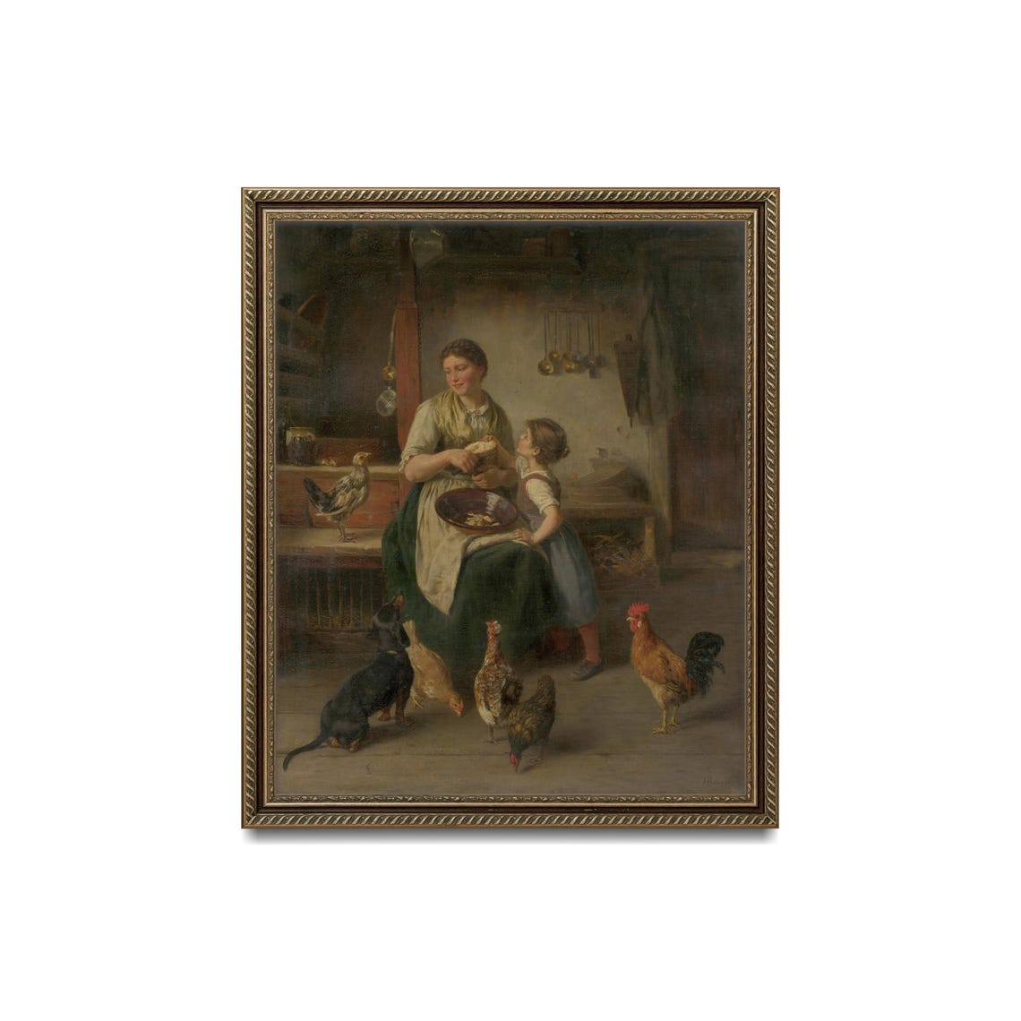 Mother and Child Feeding Chickens Rustic Kitchen Farmyard Poster - Image 3