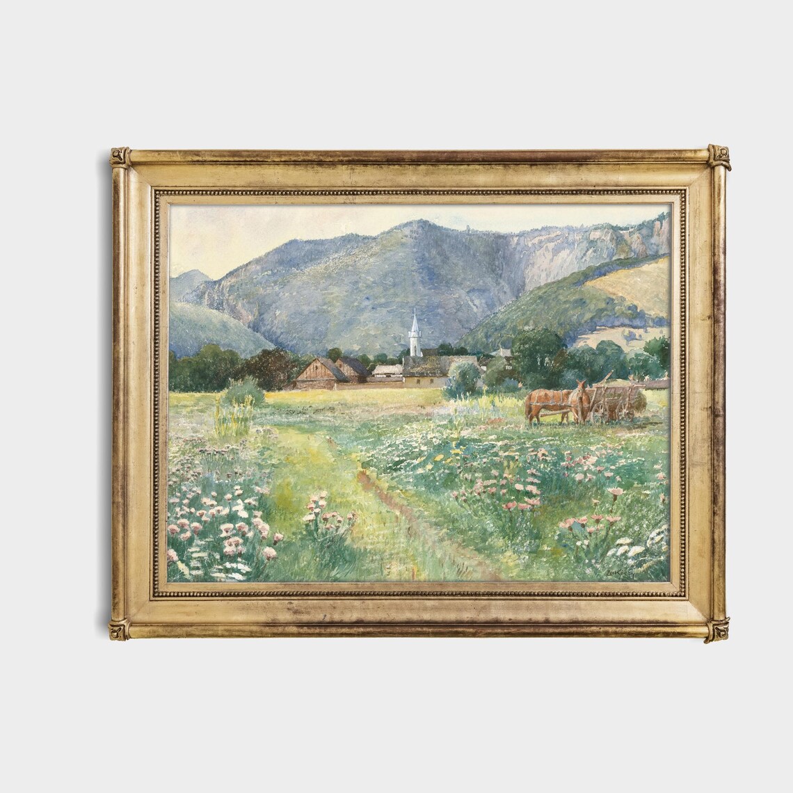 Alpine Village Church Spire Wildflower Meadow Horse Cart Poster - Image 4