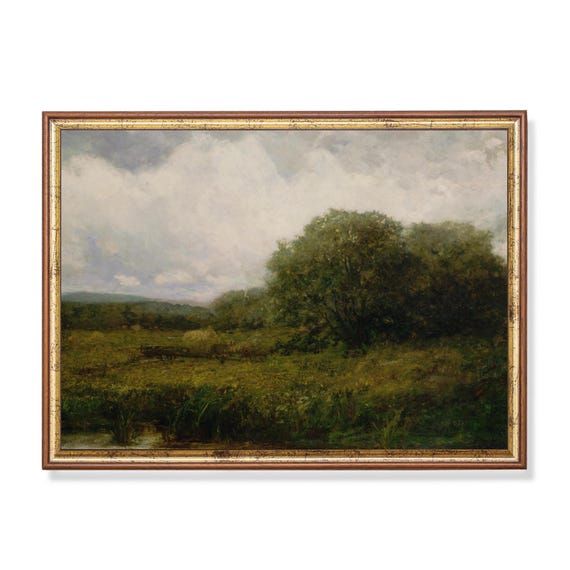 Printed And Shipped Landscape Painting Vintage Moody Print Antique Nature Print Farmhouse Decor Hay Cart Crossing Bridge