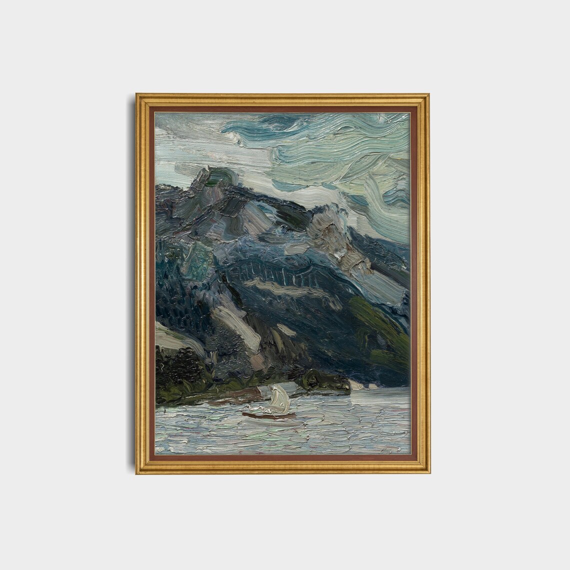 Sailboat Beneath Dark Mountains Expressive Impasto Lake Scene Poster - Image 2