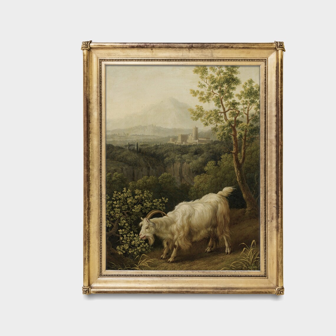 White Goat in Italian Valley Landscape with Castle Antique Poster - Image 5