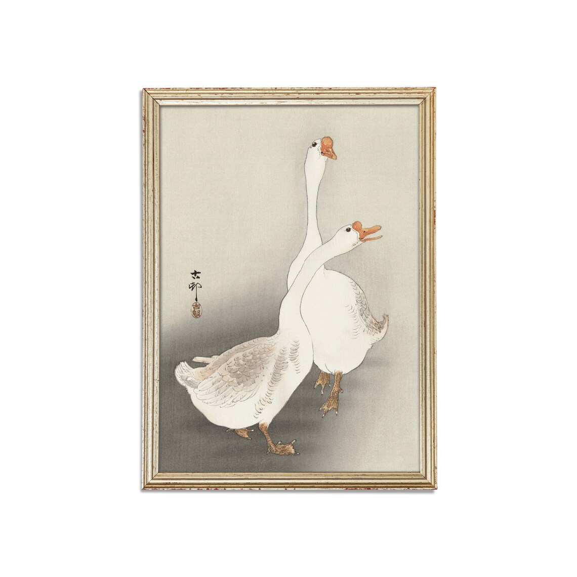 Two White Geese Japanese Woodblock Style Asian Bird Art Poster - Image 3