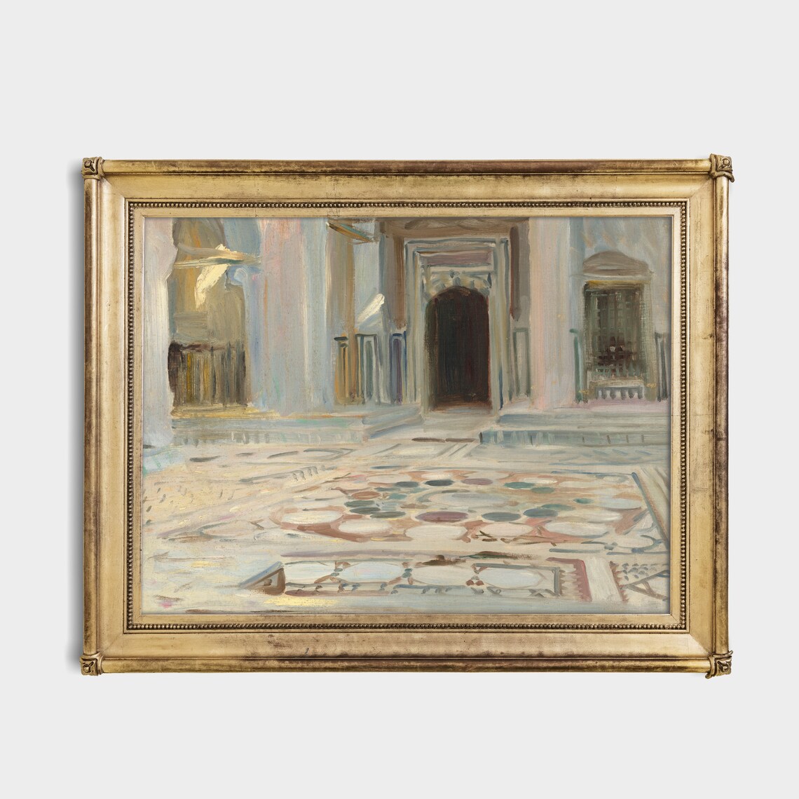 Sunlit Italian Church Interior with Ornate Mosaic Marble Floor Poster - Image 3