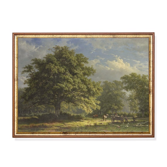 Vintage Landscape Painting Antique Country Landscape Tree Forest Fine Print Wall Art Farmhouse Decor