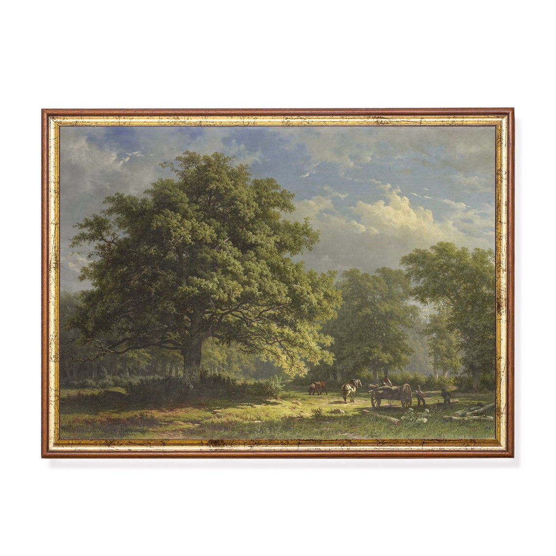 Towering Oak Trees with a Horse Cart Under Dramatic Clouds Poster