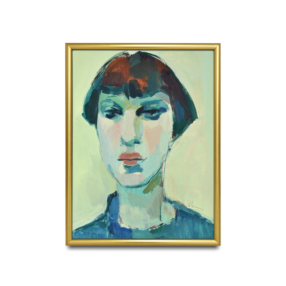 Teal Blue Portrait of a Young Woman Modern Expressionist Poster - Image 4